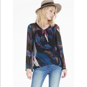 Express tie front v neck feather print top high low sheer blouse Small